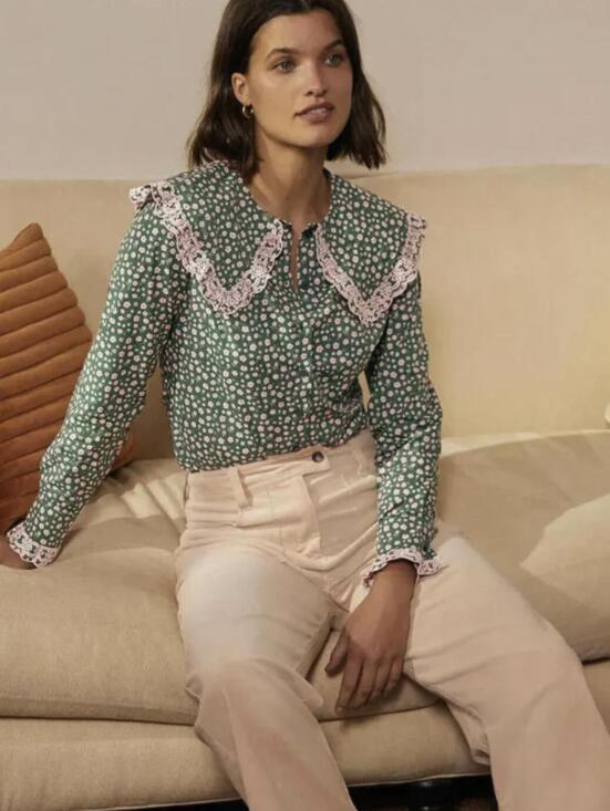 Boden Tops - BODEN Green & Pink Floral Ruffle Statement Collar Long Sleeve Blouse - Size - 6